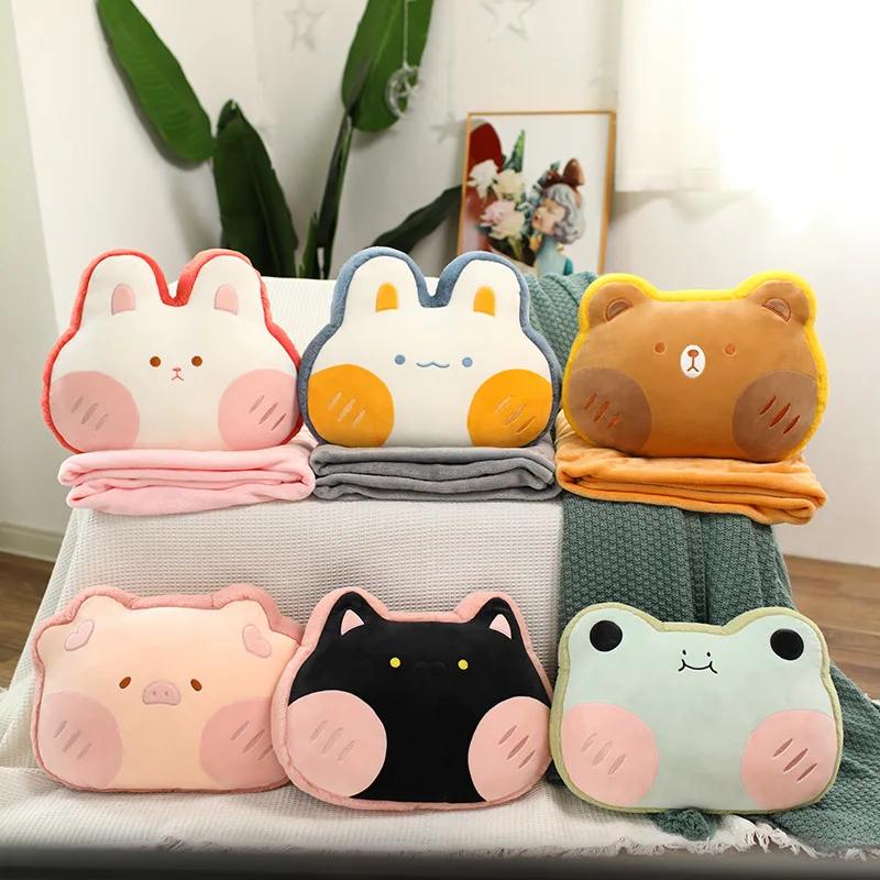 40x30cm Kawaii Squishy Animals Throw Pillow Stuffed Animal Head Seat Cushion Decorate Frog Rabbit Bear Pig with Blanket Gift