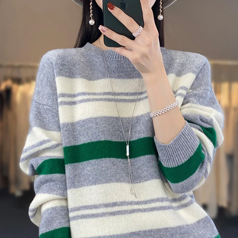 

Ladies Autumn Winter Striped Knitted Loose Sweater Women Pullover Tops Long Sleeve O Neck Casual Streetwear Women Sweater Female