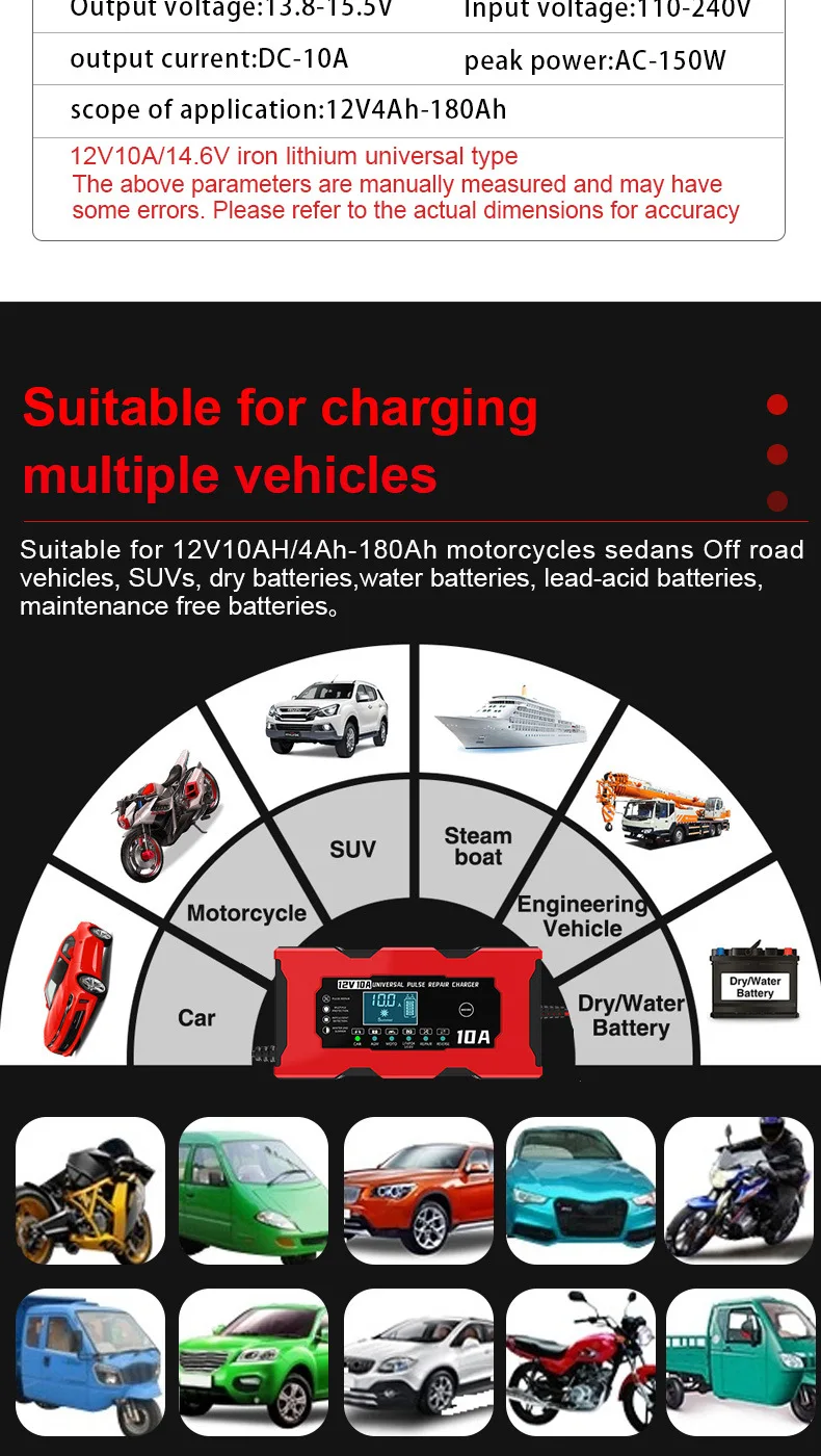 12V 10A Smart Car Battery Charger 14.6V 10A Electric Motorcycles Charger For Lifepo4 Lead Acid AGM GEL PB Lithium Battery Repair