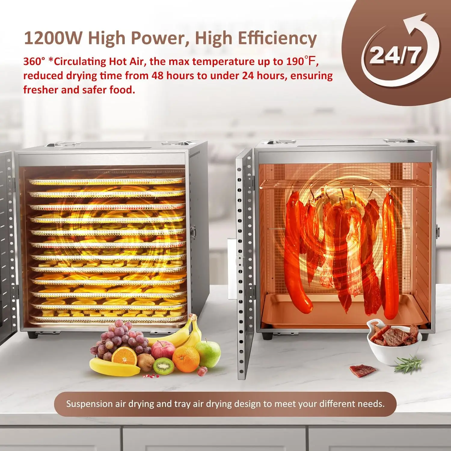 Large 12 Trays Food Dehydrator, Usable Area up to 22.67ft², 1200W Full Stainless Steel Dryer Machine, up to 190℉ Temperature, fo 2