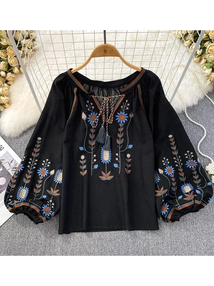 Women Spring Blouse Ethnic Style Retro Literature Loose
