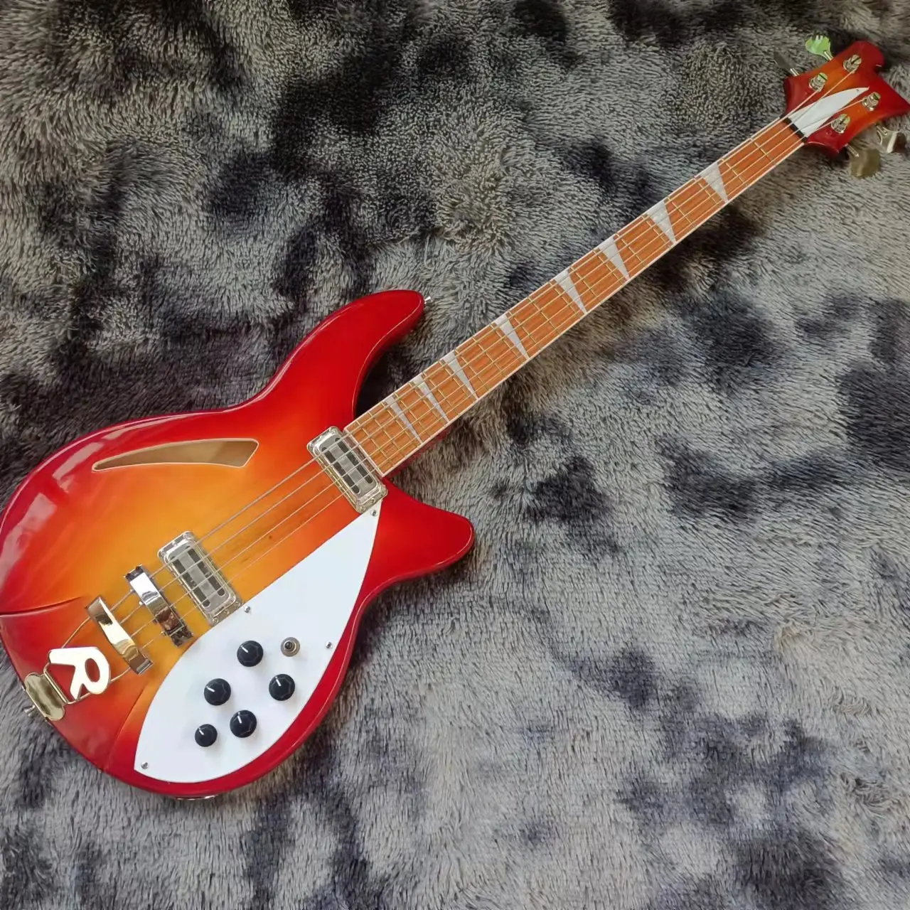 

2022!Red Semi-hollow Electric Bass Guitar 4 Strings with Rosewood Fretboard,Yellow Pearl Inlay,Customizable