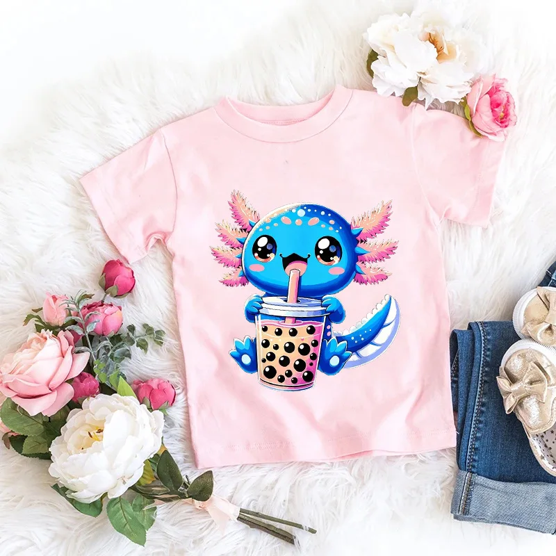 Axolotl Kawaii T Shirt Kid Summer Fashion T Shirt Children Streetwear Boba Axolotl Anime Casual Child Clothing Bithday Tshirts