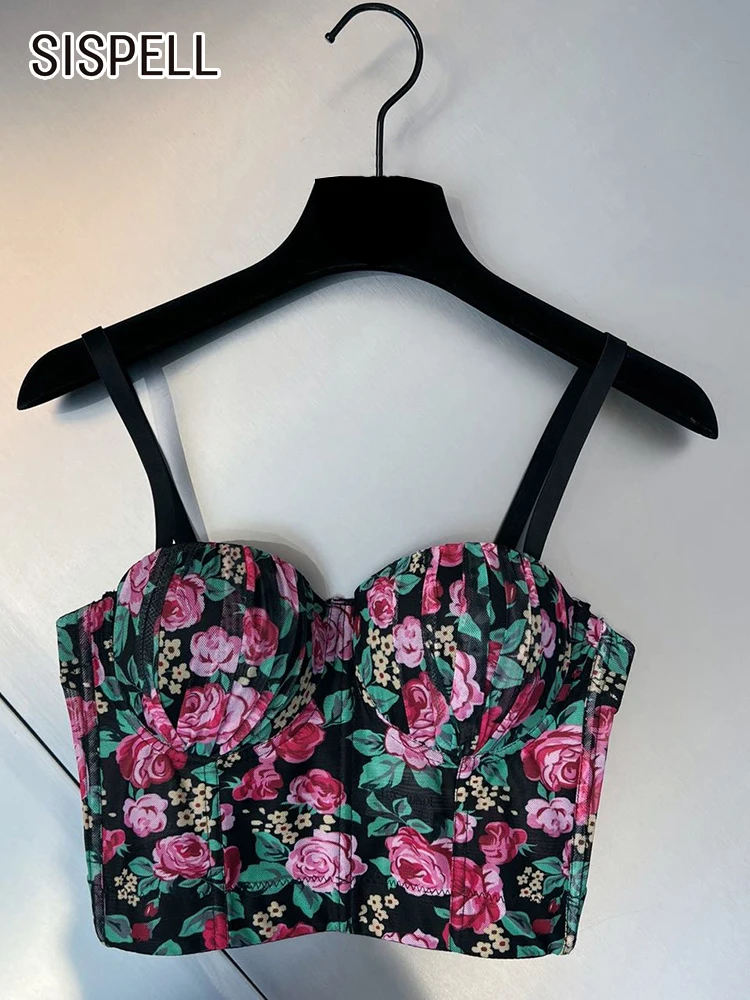 

SISPELL Print Colorblock Camisole Tops For Women Sleeveless Backless Patchwork Covered Button Sexy Vests Female Summer 2023 New