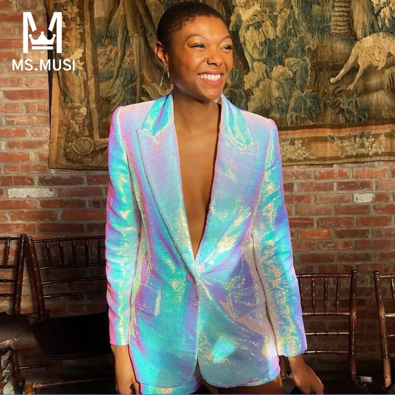 

Новинка 2022, Модный женский сексуальный комплект из двух частей MSMUSI с градиентом, V-образным вырезом и блестками, облегающий пиджак с длинным рукавом и шорты, костюм