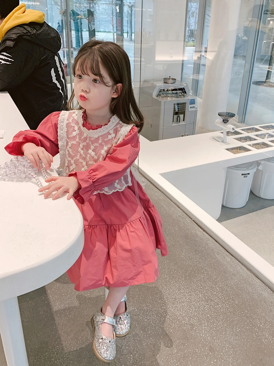Dress Full Sleeve Knee Length Pullover A-line Solid Regular Cotton New Fashion Simple Sweet Spring Autumn Children Girls