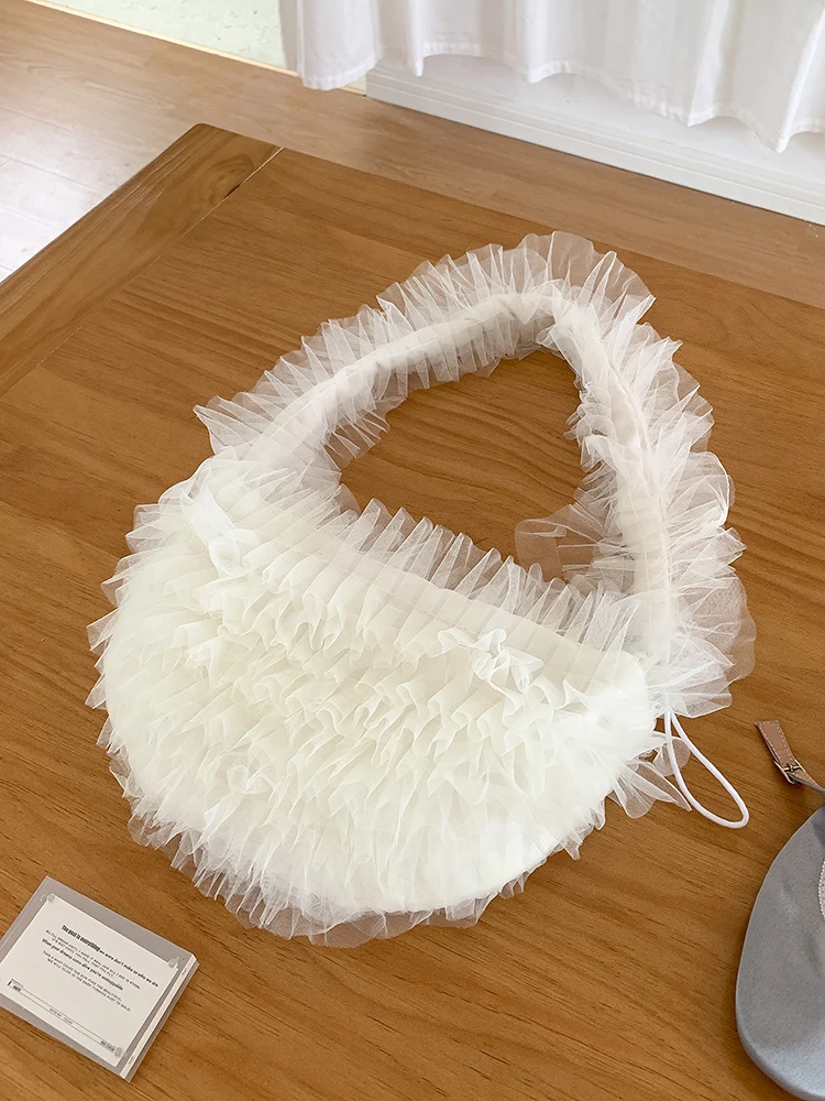 Japanese Pink Sweetheart Hand Carry Creative Design Mesh Bag Sweet Ruffle Pleated Chiffon Shoulder Bag Dumpling Armpit Bag Women 4