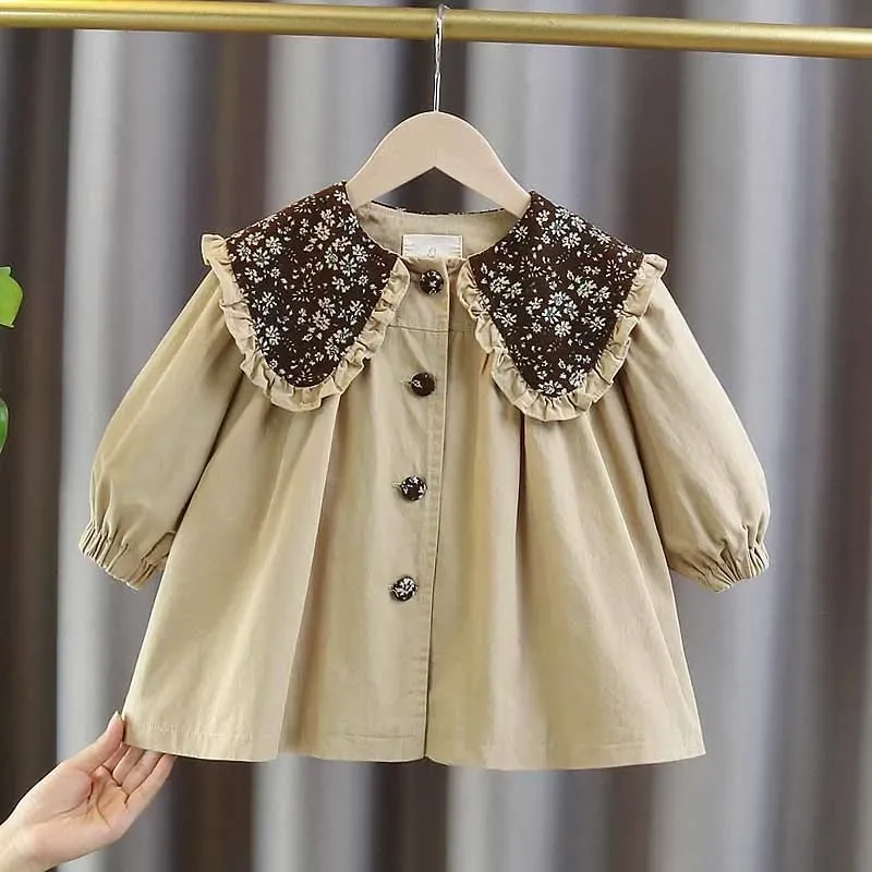 

2023 Baby Girls Fashion Floral Collar Cotton Jackets Trench Coats Spring Autumn Kids Princess Birthday Overwear Children Clothes