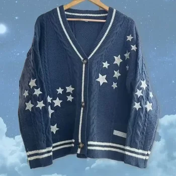 Y2k Sweaters Women Autumn Star Embroidery Midnight Blue Cardigan Fashion Warm Loose Fit Lover Cotton Knitted Cardigans Women 1