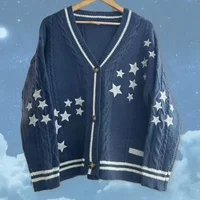 Y2k Sweaters Women Autumn Star Embroidery Midnight Blue Cardigan Fashion Warm Loose Fit Lover Cotton Knitted Cardigans Women 1
