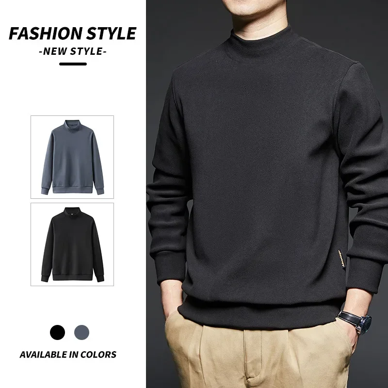 Mid neck double-sided German velvet men's autumn and winter half high neck long sleeved bottom shirt trendy and warm interior