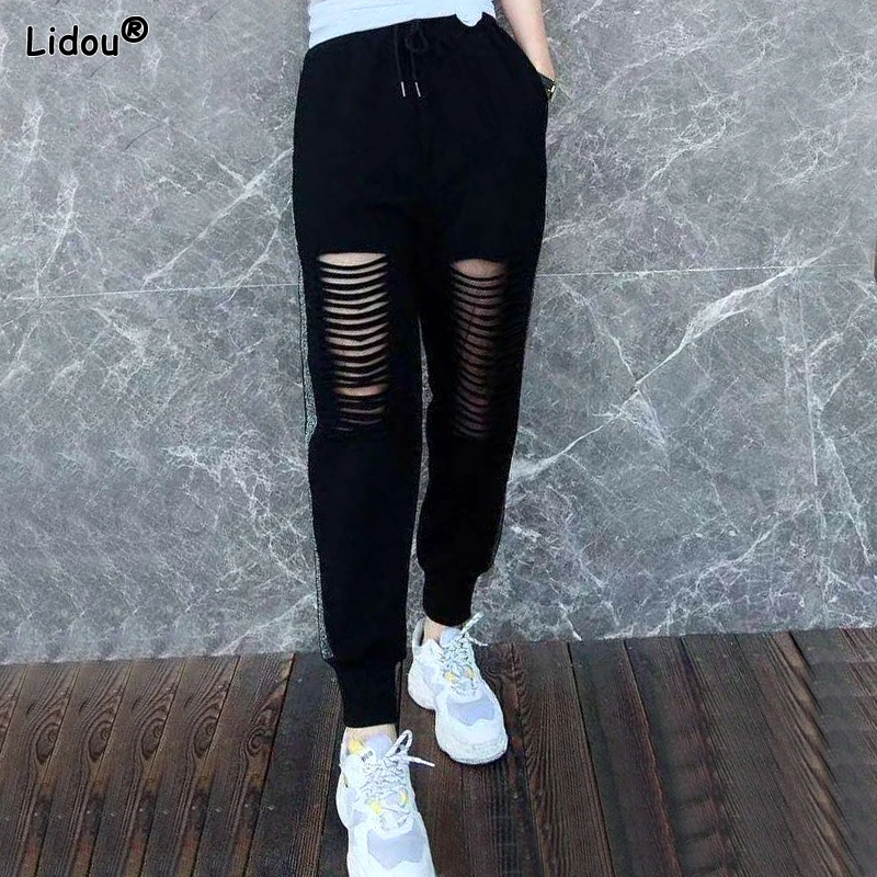 2023 Women's Clothing New Fashion Summer Thin Solid Color Hole High Waist Lacing Casual Comfortable Loose Drawstring Harem Pants