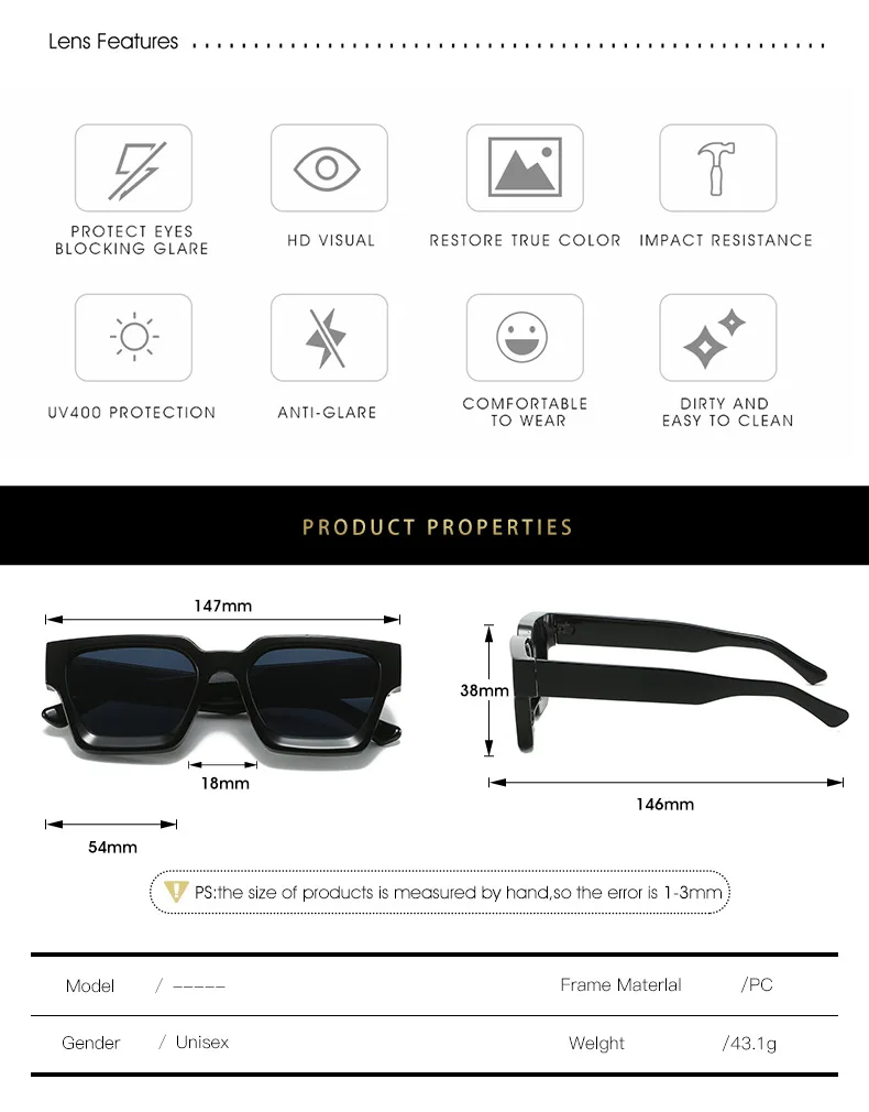 Herren-Sonnenbrille mit dickem Rahmen, Vintage-Stil, quadratische Sonnenbrille, lässig, klassisch, Fahrsonnenbrille, UV400 – Detail 4