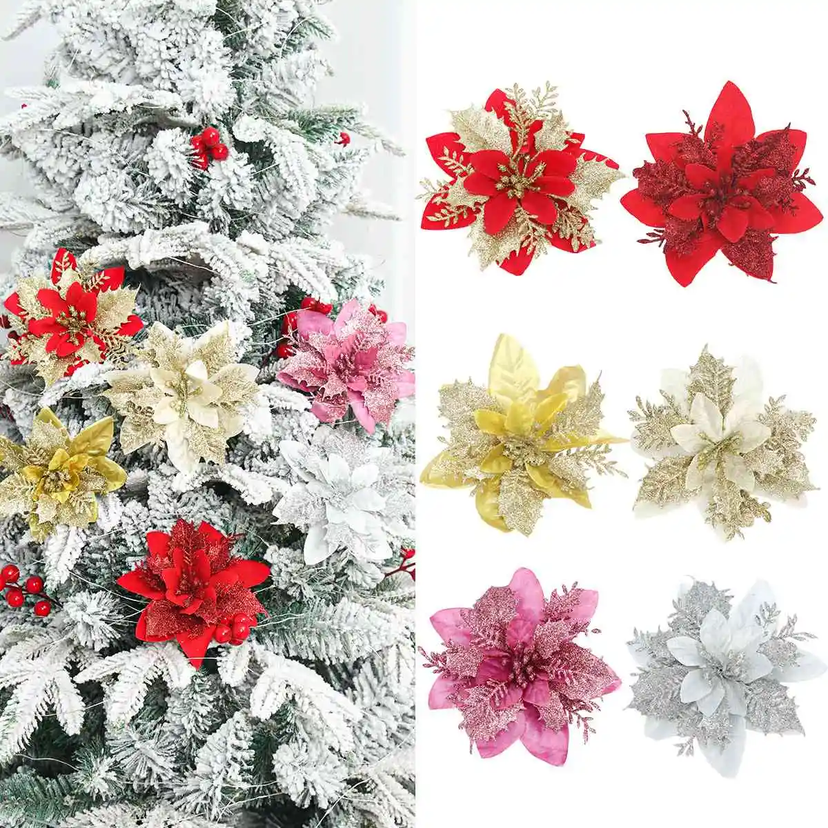 

5 шт., искусственные блестящие Рождественские цветы, 14 см