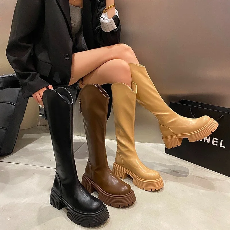 

Women Knight Boots Fashion Round Toe Back Zippers Ladies Elegant Long Boot Winter Platform Thick Bottom Knee High Bootties