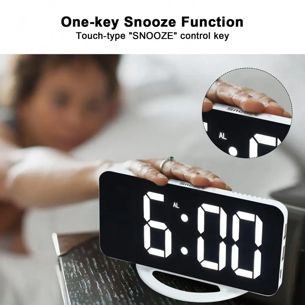 LED Digital Alarm Clock Mirror Surface Light Sensing 3 Adjustable Brightness Clock with Dual USB Ports despertador digital wall clock