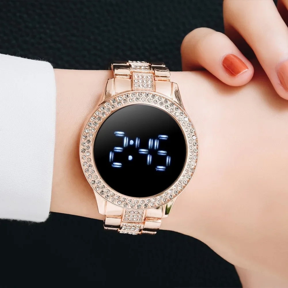 

LED Digital Watches for Women Rose Gold Stainless Steel Diamond Set Dial Magnet Dress LED Quartz Watch Gift Reloj Para Mujer 시계