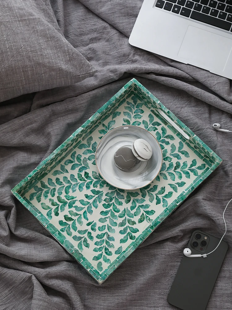 Luxury Rectangle Green Mother Of Pearls Tray With Two Handles Hand Crafted Home Tabletop Decor Storage Plate For Coffee Cups Set 2