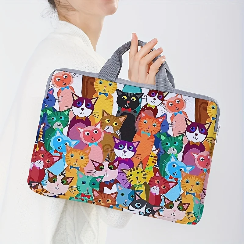 One piece set, two styles, colorful cartoon cat pattern printed laptop bag, briefcase, suitable for 14 inch laptops