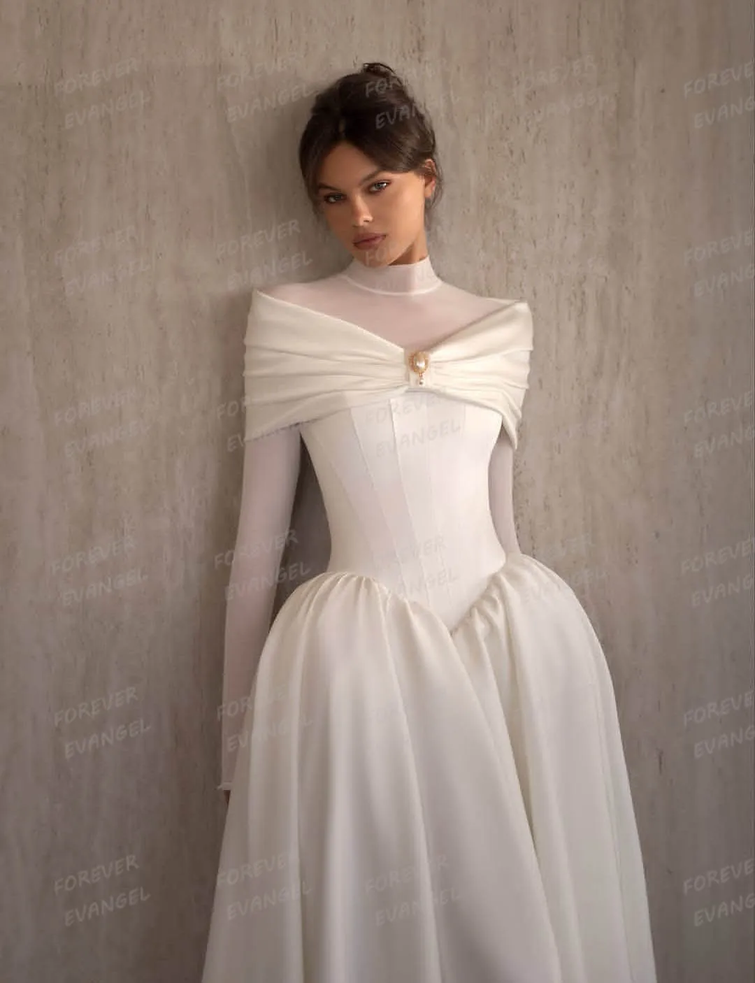 Simple Formal High Neck Wedding Dresses Woman's A Line Bride Gowns Elegant Long Sleeve Satin Party Customized Vestidos De Novia