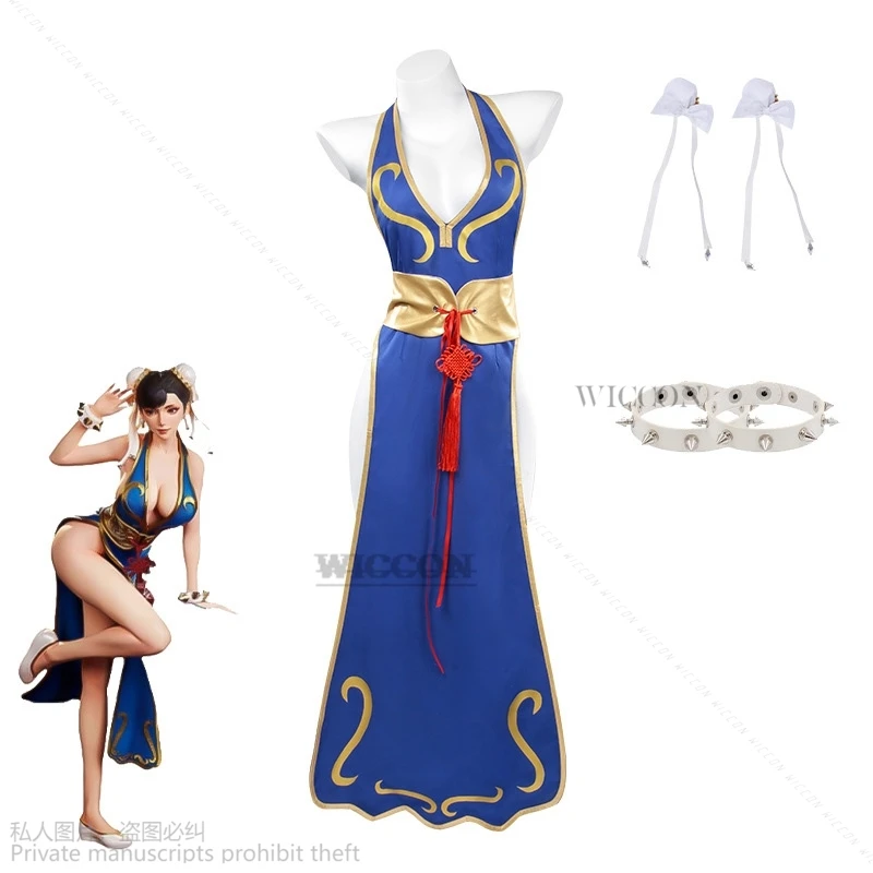 

Game Street Chun Li Cosplay Costumes Sutorito Faita Blue Cheongsam Dress Belt Headgear With Women Girls Clothes Halloween Party