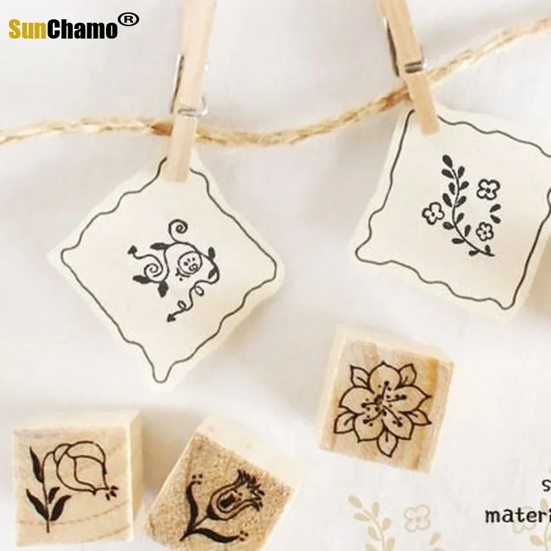 12pc/Box Mini Wooden Rubber Stamps for Scrapbooking Craft Supplies Background South Korea DIY Seal Matchbox Girl Flower Stamp rubber stamps wooden stamp