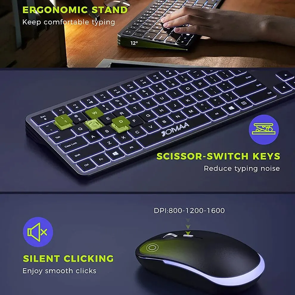 Wireless Ultra Slim Full Size Keyboard and Mouse Combo Rechargeable 2.4G USB Cordless Illuminated keyboard and mouse set