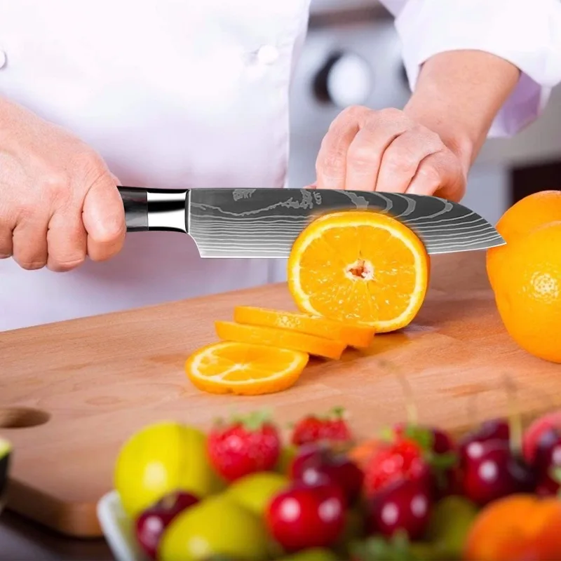 Kitchen Knife Meat Cleaver 5" Japanese Santoku Knife Laser Damascus Pattern Professional Butcher Boning Fish Fruit Utility Knife