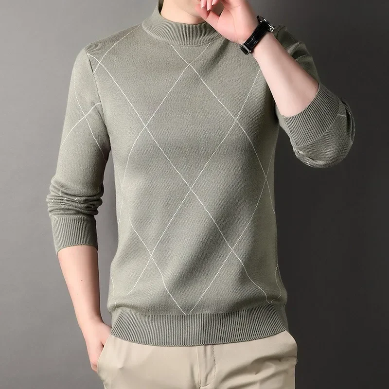 2023 Autumn and Winter New Sweaters Diamond Line Underlay Men's Knitted Pullover Fashion Simple Casual Half High Neck Sweater
