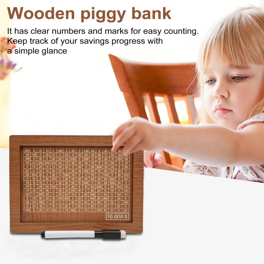Wooden Money Box with Counter Marker Pen Vintage Piggy Bank Numbers Coin Cash Container Money Saving Challenges Box 3