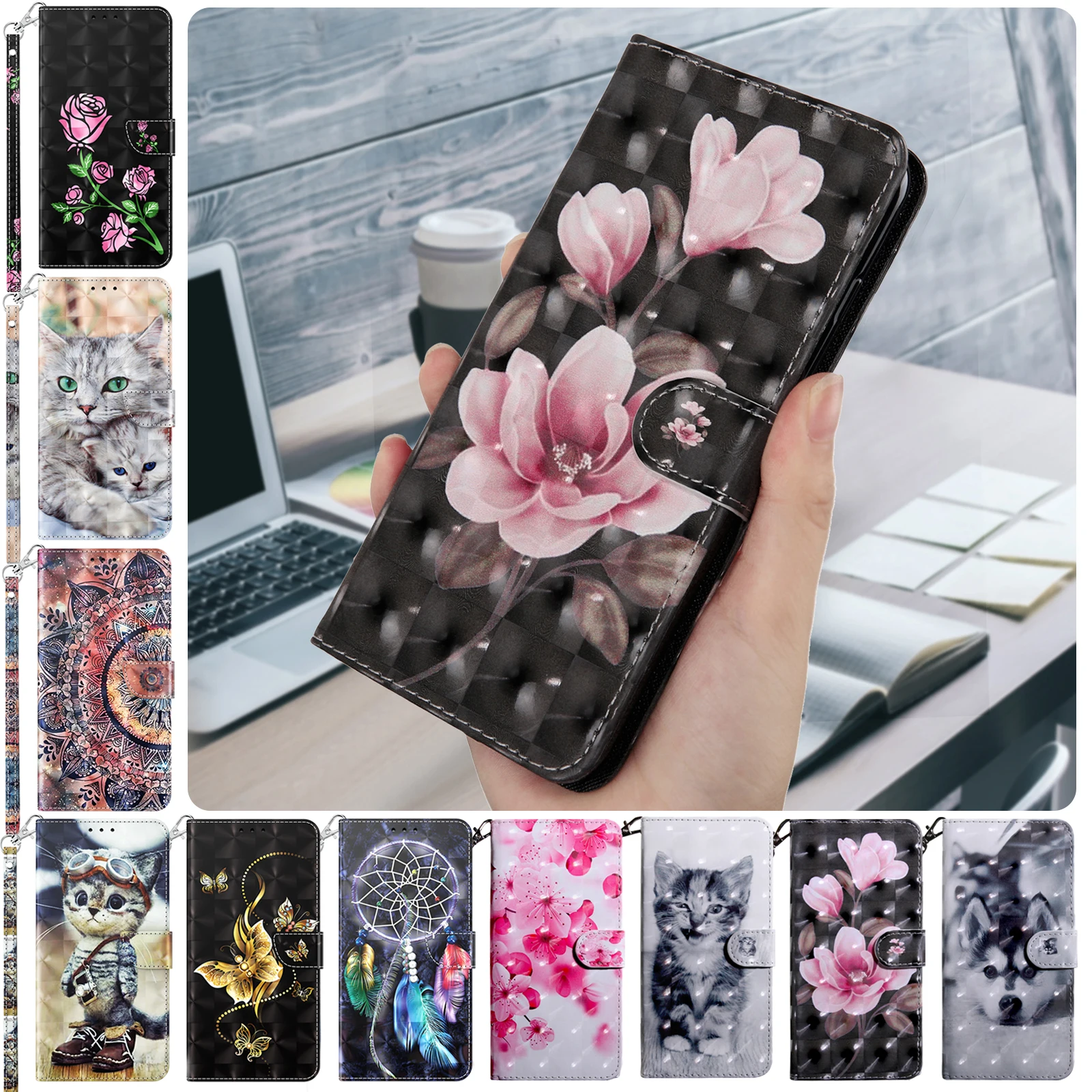 3D Cat and Dog Flower Magnetic Flip Leather Phone Case