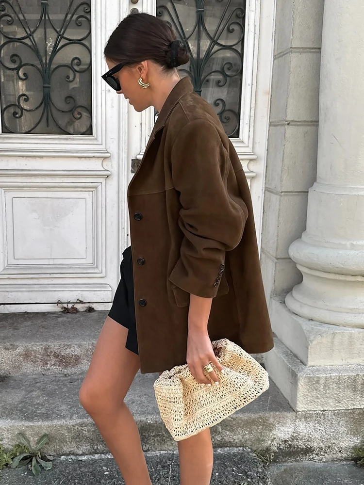 Vintage Women Loose Suede Jackets 2024 Fashion Ladies Oversize Brown Faux Leather Outfit for Female HighStreet Chic Clothes Cute 6
