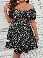 Plus Size Summer Women Elegant Floral Print Dress Casual Vacation Off the Shoulder Strapless Dresses - Image 3