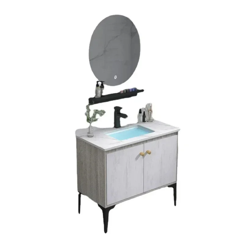 solid wood bathroom vanity with light iron, modern and simple bathroom furniture, standing toilet basin.