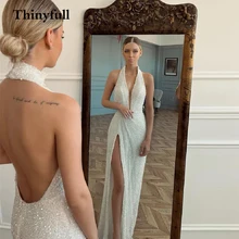 

Eightree Sparkly Glitter V Neck Backless Wedding Dresses Bling Long Sleeves V Neck Princess Bridal Bride Formal Gowns Dress