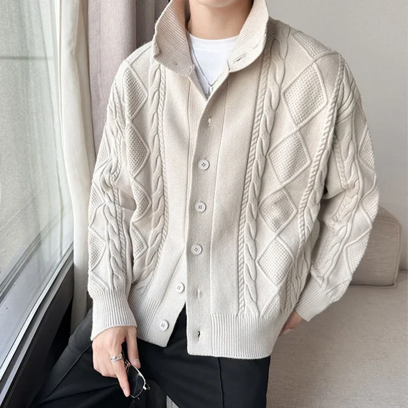 

Casual Sweater Jacket Men Spring Long Sleeve Button Stand Collar Knitted Coat for Mens Fashion Twist Jacquard Knit Cardigan