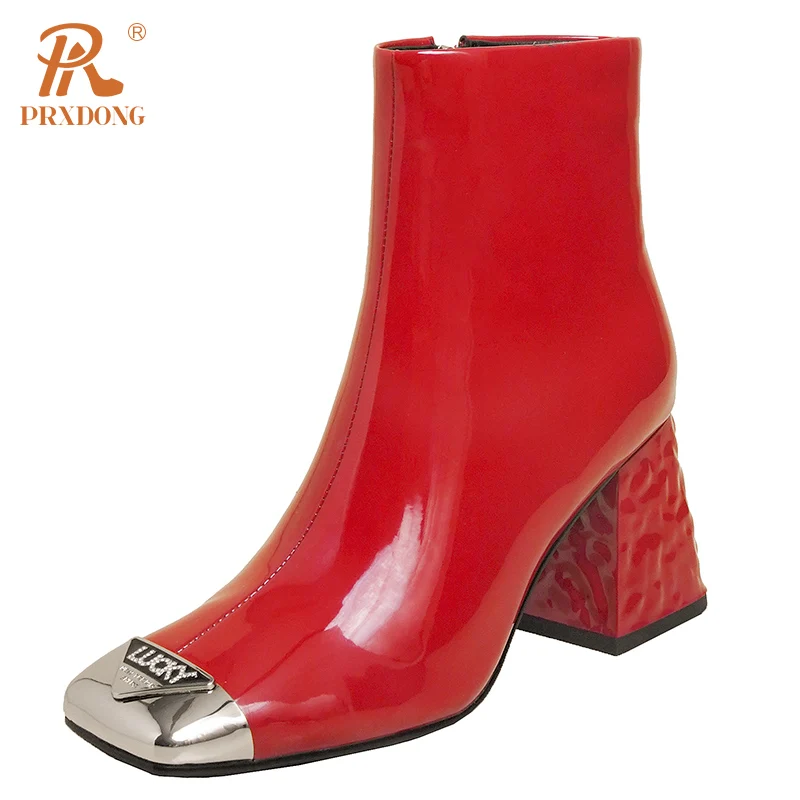 

PRXDONG Genuine Patent Leather Fashion AUtumn Winter Shoes Woman ANkle Boots Chunky High Heels Square Toe Black Red Dress Party