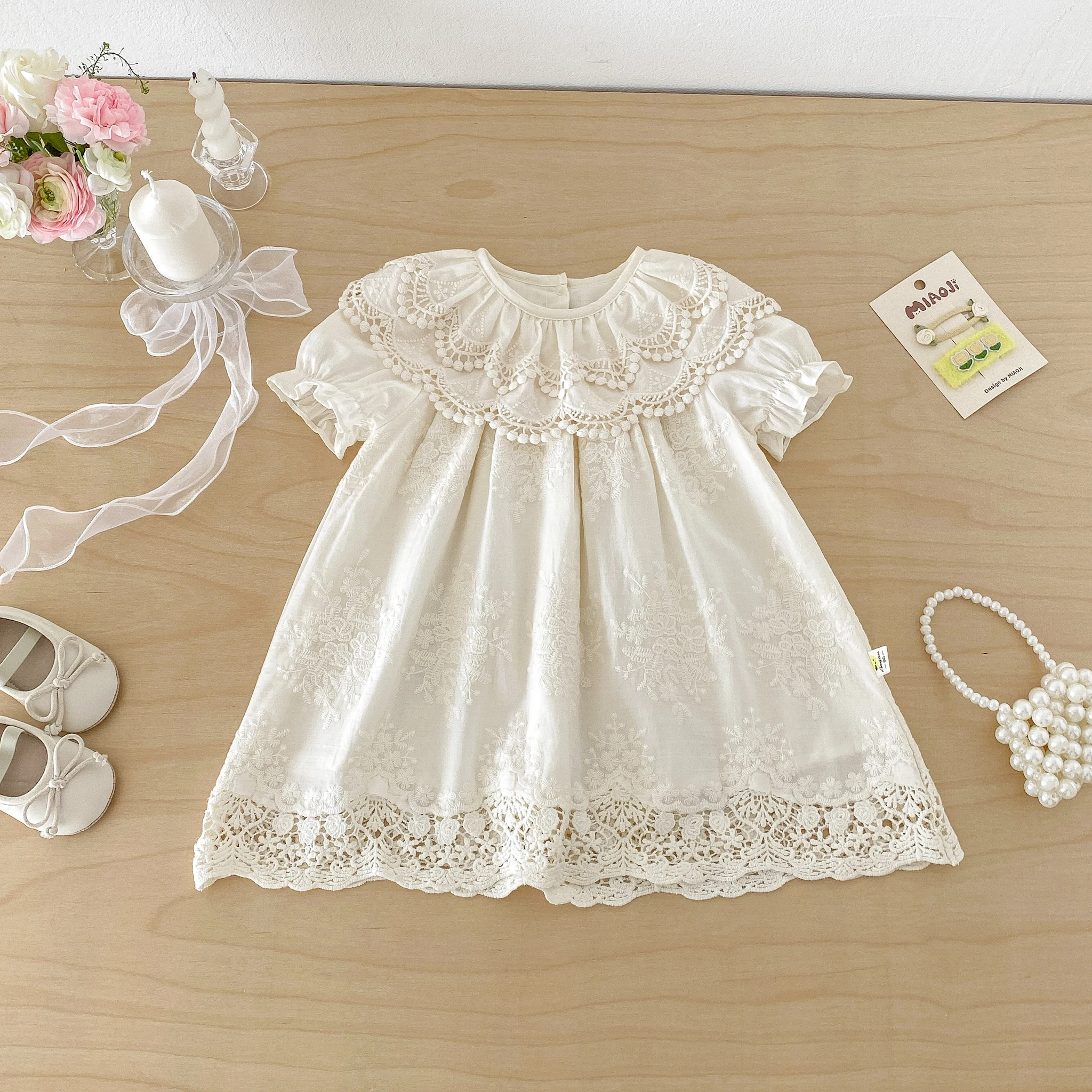 Sommer Neuer Stil Koreanisches Spitzenbesetztes Kragenkleid für Babymädchen Kurzarm Prinzessinnenkleid Dünner Stil
