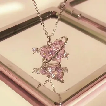 Fashion Pink Planet Heart Zircon Necklace Women Charm Aesthetic Clavicle Chain Necklace Valentines Day Gift Party Jewelry 1