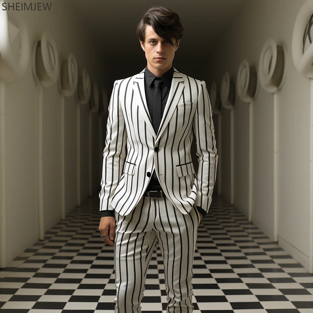Check Stripe Print Men Casual Suit Everyday Classic Business Jacket Pants Simple Premium Suits Two Piece Set Formal Dress