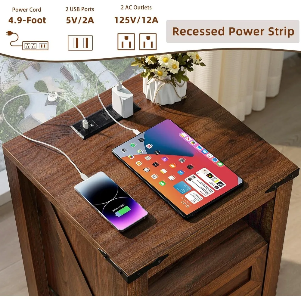 Nightstand with Charging Station and USB Port, Farmhouse Side End Table with 2 Drawers and Open Shelf 4