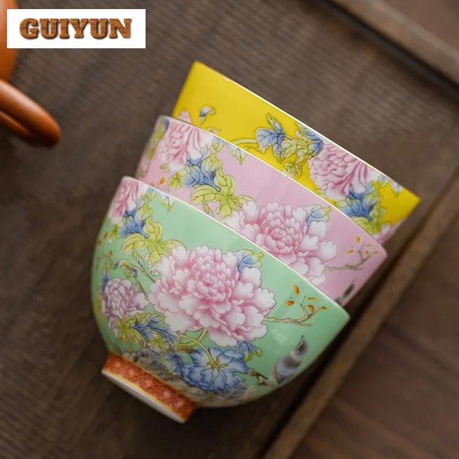 65ml Chinese Enamel Color Tea Cup Ceramic Peony Master Cup High-grade Household Palace Flower Tea Set Portable Small Bowl