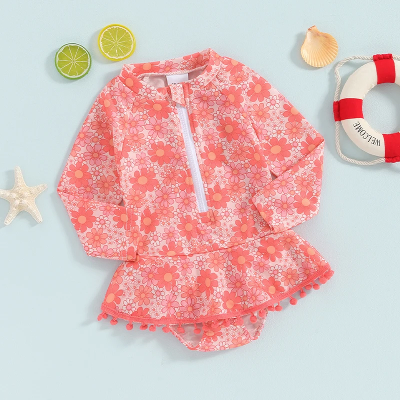 귀여운 꽃 프린트 꽃무늬 통합 수영복, 긴팔 래시가드 수영복,  수영복, 18M-6T Girls 여름 핑크