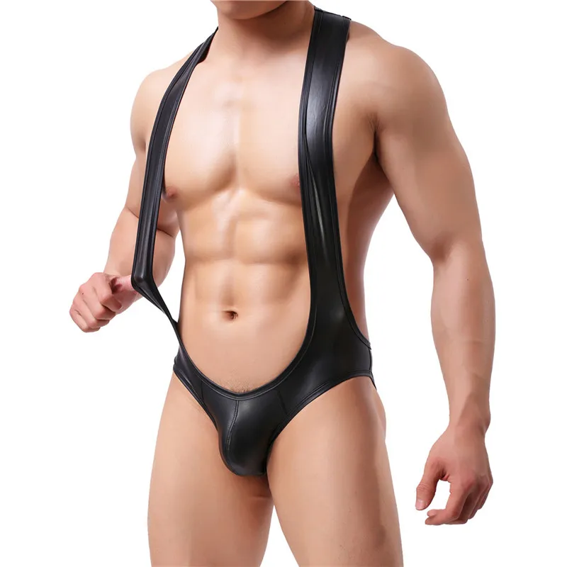 Mens Leotard Sexy Teddy Lingerie PU Leather Bodysuit Wrestling Singlet Open Butt Jumpsuit Gay Erotic Underwear Fetish Catsuit
