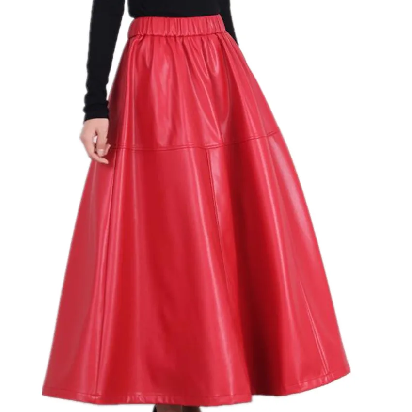 

Fashion New Autumn Winter Faux Pu Leather Long Skirts Women Elastic Waist A-line OL Office Lady