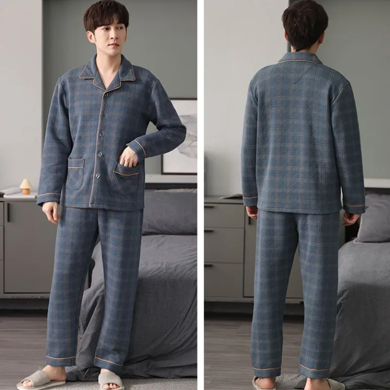 2024 New Autumn Winter Pure Cotton Pajamas Men's Thickened Interlayer Cotton Warm Sleepwear Set V-neck Loose Large Size Homewear