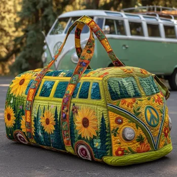 Borsa da Viaggio Trapuntata 3D Trendy, Grande Capacità, Design a Autobus, Borsa a Mano Robusta Retrò Boho, Borsa da Palestra per Uscite Quotidiane