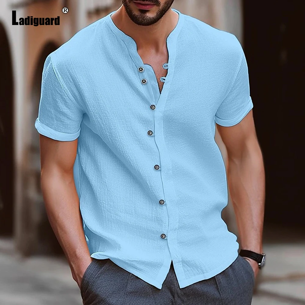 

Men Casual Shirts Clothing 2023 Short Sleeve Basic Tops Vintage Cotton Linen Blouse Street Wear Mens Fashion Leisure Shirt