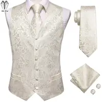 Hi-Tie Beige Yellow Silk Mens Vest Hanky Cufflinks Set Jacquard Floral Social Waistcoat Sleeveless Jacket for Wedding Business 1