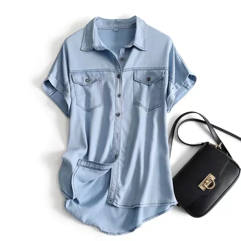 

Casual Turn Down Collar Short Sleeve Denim Shirt 2023 Summer Tops Fashion Pocket Blue Shirt Single Breasted T-shirt Blusas 27760